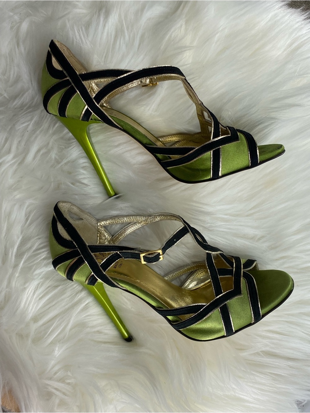 Green Suede Strappy Heels with Black Trim